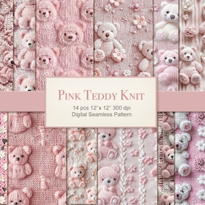 Motif de répétition sans couture ours en peluche rose. Lot de papier numérique texturé tricoté 3D. Utilisation commerciale. Tissu pour carnet de scrapbooking. 14 PAQUET