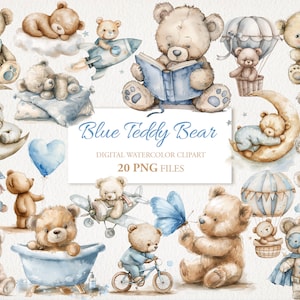 Blauwe teddybeer aquarel clipart PNG-bundel. Kinderkamer kunst. AI-illustratie. Direct downloaden voor commercieel gebruik. 20 PAK