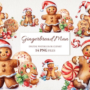 Gingerbread Man Christmas Winter Watercolor Clipart PNG Bundle. AI Illustration. Instant Download for Commercial Use. Scrapbook Junk Journal