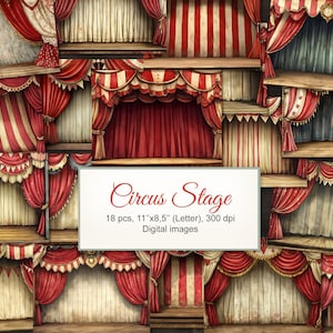 Peut inclure: Images numériques de scènes de cirque avec des rideaux à rayures rouges et blanches, des cantonnières et des plateformes en bois. Le texte "Circus Stage" est affiché sur un rectangle blanc, avec les détails de l'image.