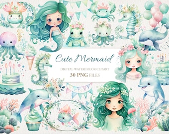 Cute Mermaid Watercolor Clipart PNG Bundle.  Children Nursery Art.  AI Illustration. Instant Download for Commercial Use. 30 PACK