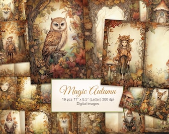 May include: A digital collage of 19 images featuring a whimsical autumn forest scene with woodland creatures, fairies, mushrooms, and gnomes. The images are 11 inches by 8.5 inches and 300 dpi.