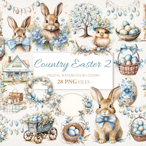 Country Farmhouse Easter Watercolor Clipart PNG Bundle. AI Illustration. Instant Download for Commercial Use. Junk Journal Card. 28 PACK