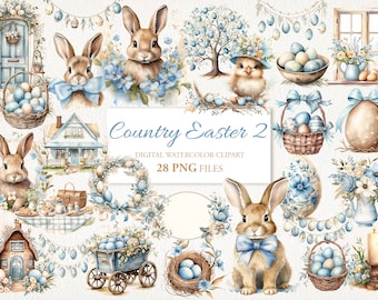 Op de afbeelding: Digitale aquarel clipartset getiteld "Country Easter 2" met konijntjes, eieren, bloemstukken en een kuiken. Het kleurenpalet omvat zachte blauwtinten, bruin en wit, met een landelijke esthetiek. Bevat 28 PNG-bestanden.