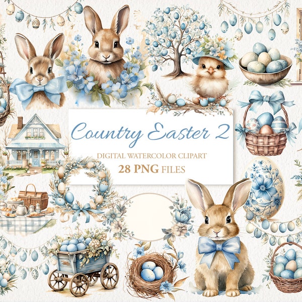 Country Farmhouse Easter Watercolor Clipart PNG Bundle. AI Illustration. Instant Download for Commercial Use. Junk Journal Card. 28 PACK