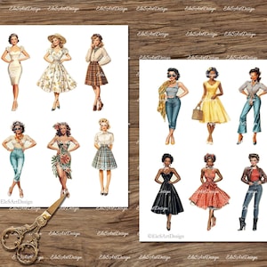May include: Digital collage sheet featuring 10 illustrations of women in vintage clothing. The women are wearing various styles of dresses, skirts, pants, and tops. The illustrations are in a retro style with bright colors and bold lines.