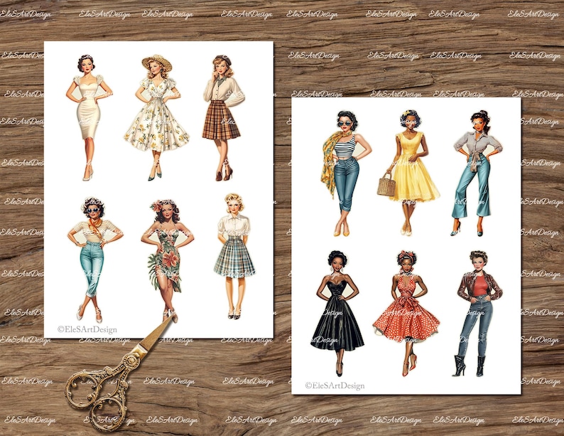 May include: Digital collage sheet featuring 10 illustrations of women in vintage clothing. The women are wearing various styles of dresses, skirts, pants, and tops. The illustrations are in a retro style with bright colors and bold lines.