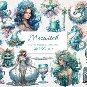 Lot de cliparts aquarelle Merwitch. Illustration d'IA de sorcière de l'océan sirène. Téléchargement numérique. Lot de 20 journaux indésirables pour scrapbooking à usage commercial