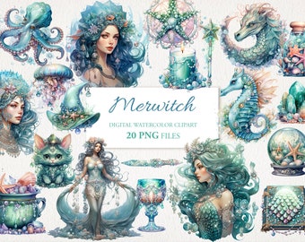 Merwitch Watercolor Clipart PNG Bundle. Mermaid Ocean Witch AI Illustration. Digital Download. Commercial Use Scrapbook Junk Journal 20 PACK