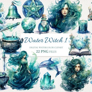 Op de afbeelding: Water Witch 1 digitale aquarel clipart set met 22 PNG-bestanden. De set bevat een heks, een ketel, een boek, een dolfijn, een pentagram, een bel, een kristal, een kelk, een kaars, een lotusbloem en meer.