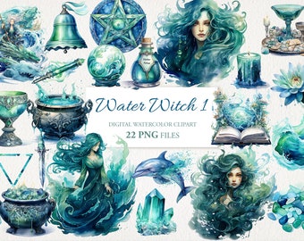 Water Element Witch Witchcraft Watercolor Clipart PNG Bundle. AI Illustration. Instant Download for Commercial Use. Scrapbook Junk Journal