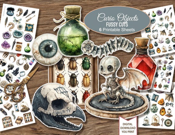 Curiosities Magic Objects Fussy Cuts. Wizard School Witchy Junk Journal Ephemera.  Digital Download. Printable Sheets. 6 JPG
