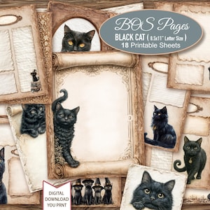 Könnte beinhalten: Eine Sammlung von druckbaren Seiten im Vintage-Stil mit schwarzen Katzen. Die Seiten haben ein pergamentartiges Aussehen mit dekorativen Rändern und Illustrationen von schwarzen Katzen. Der Text "BOS Pages BLACK CAT" ist sichtbar.