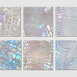 May include: Six square tiles with a white iridescent crocodile skin pattern. The tiles have a subtle shimmer and a textured surface.