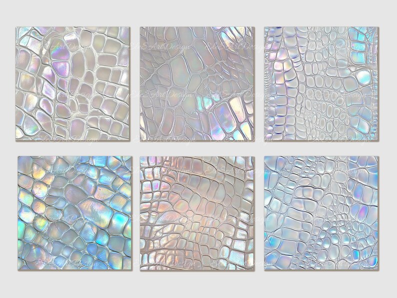 May include: Six square tiles with a white iridescent crocodile skin pattern. The tiles have a subtle shimmer and a textured surface.