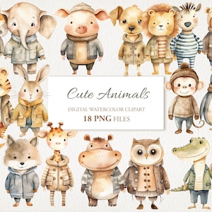 Lindos animales vivero arte dibujos animados acuarela clipart PNG paquete. Arte infantil infantil. Ilustración de IA. Descarga instantánea para uso comercial.