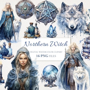 Northern Witch North Ice Witchcraft Watercolor Clipart PNG Bundle. AI Illustration Instant Download. Commercial Use. Scrapbook Junk Journal