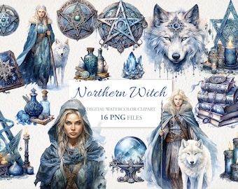 Northern Witch North Ice Witchcraft Watercolor Clipart PNG Bundle. AI Illustration Instant Download. Commercial Use. Scrapbook Junk Journal