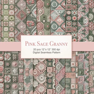 Puede incluir: Un paquete de papel digital con 20 patrones sin costuras que presentan cuadrados de granny tejidos a crochet en tonos de rosa, verde y blanco. Los patrones son de 30,5 cm por 30,5 cm y 300 dpi.