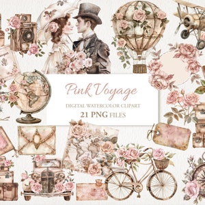 Lot de cliparts aquarelle voyage rose. Floral Retro Journey Voyage Voyage. Shabby Chic. Illustration de l'IA. Téléchargement instantané. Utilisation commerciale