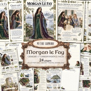 Può includere: Una raccolta di 24 pagine digitali di grimorio e corrispondenza con illustrazioni di Morgana, Avalon e temi magici. Le pagine includono testo, bordi e immagini, presentate come un set di download digitale.