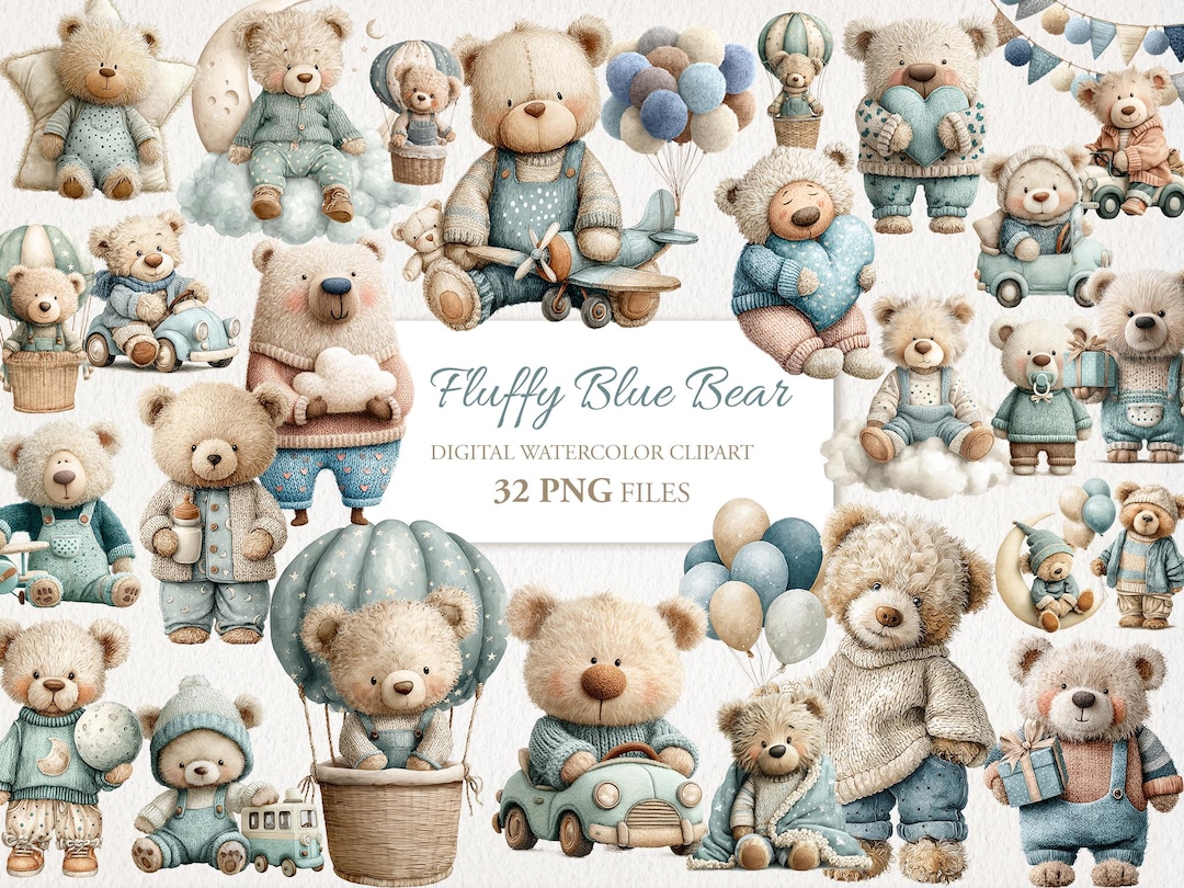 Blue Baby Teddy Bear Watercolor Clipart PNG Bundle. Children Nursery ...