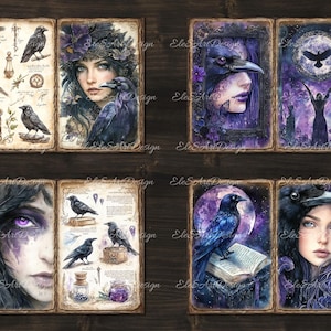 May include: A set of six digital art prints featuring women with raven imagery and purple accents. The prints are framed in a rustic wood style.