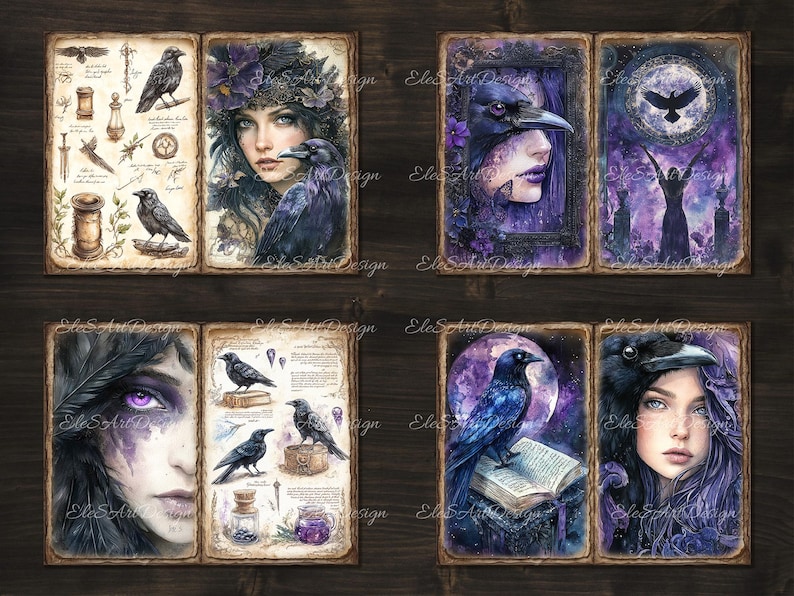 May include: A set of six digital art prints featuring women with raven imagery and purple accents. The prints are framed in a rustic wood style.