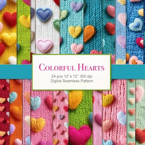 Bunte Herzen gestrickt Valentine Liebe Musterdesign. Textur Digital Paper Bundle Kommerzielle Nutzung. Journal Stoff basteln. 24 PACK