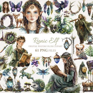 May include: Digital watercolor clipart set featuring illustrations of elves, dragons, butterflies, and other fantasy elements. The text "Runic Elf" and "61 PNG FILES" are included. The artwork has a whimsical, ethereal style with soft colors and intricate details.