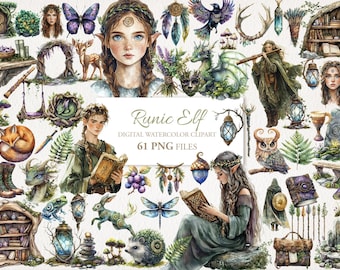 May include: Digital watercolor clipart set featuring illustrations of elves, dragons, butterflies, and other fantasy elements. The text "Runic Elf" and "61 PNG FILES" are included. The artwork has a whimsical, ethereal style with soft colors and intricate details.