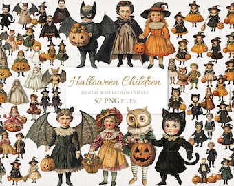 Halloween Children Paper Dolls Clipart. Vintage Illustrations. For Junk Journal Ephemera. Digital Download. 57 PNG