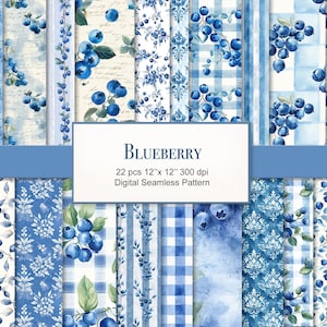 Puede incluir: Una colección de patrones digitales sin costuras en tonos azules, con diseños de arándanos y florales. Los patrones incluyen rayas, cuadros y motivos de damasco. La imagen incluye el texto "BLUEBERRY" y "22 pcs 12"x12" 300 dpi Digital Seamless Pattern."