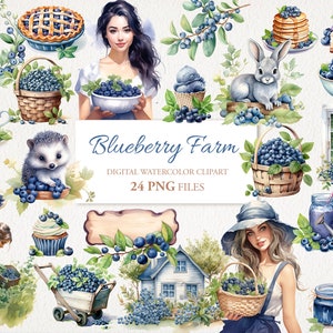 Blueberry Berry Farm Summer Watercolor Clipart PNG Bundle. Ilustracja AI. Natychmiastowe pobranie do użytku komercyjnego. Junk Journal Card. 24 PACK