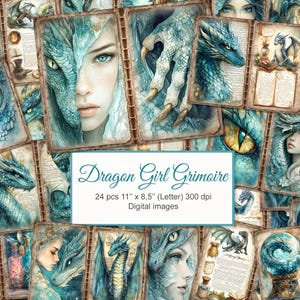 Puede incluir: Un collage digital de 24 imágenes con un tema de chica dragón. Las imágenes están en un estilo vintage con un esquema de color azul y dorado. Las imágenes incluyen dragones, chicas y objetos mágicos. El texto "Dragon Girl Grimoire" está en el centro del collage. El texto "24 pcs 11" x 8.5" (Letter) 300 dpi Digital images" está debajo del título.