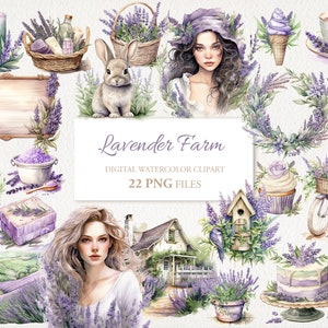 Paquete PNG de imágenes prediseñadas de acuarela de verano de jardín de granja de lavanda. Ilustración de IA. Descarga instantánea para uso comercial. Tarjeta de diario basura. PAQUETE DE 22