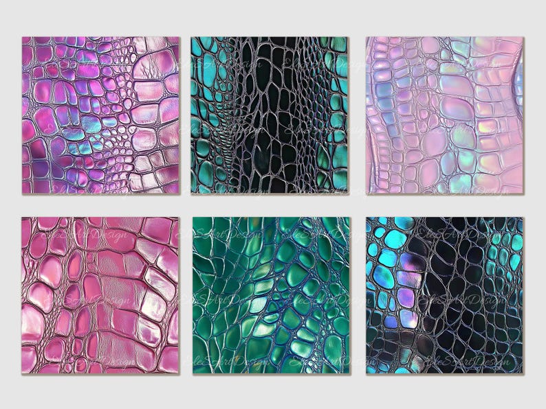 May include: Six digital paper patterns featuring iridescent crocodile skin textures in various colors, including pink, blue, green, and black.