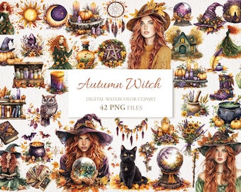 Autumn Witch Magic Watercolor Clipart PNG Bundle. AI Illustration. Commercial Use. Scrapbook Junk Journal. 42 PNG