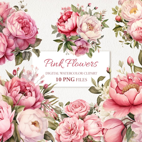 Pink Rose Peony Bouquet Watercolor Clipart PNG Bundle. Vintage Shabby Chic Flowers.  AI Illustration. Instant Download for Commercial Use