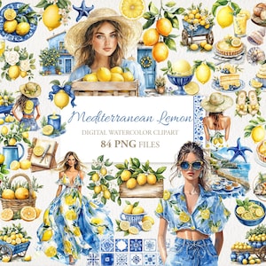 Pacchetto di clipart PNG con acquerello di ragazza mediterranea con limone, viaggio e vacanza. Download immediato. Uso commerciale. Schede di diario spazzatura. CONFEZIONE DA 84