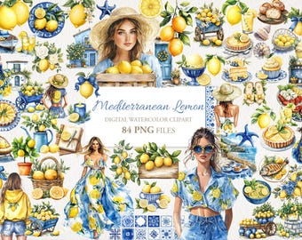 May include: Watercolor digital clipart set featuring a Mediterranean lemon theme. The image includes illustrations of lemons, women, food, and decorative elements. The text "Mediterranean Lemon" and "84 PNG FILES" are also visible.