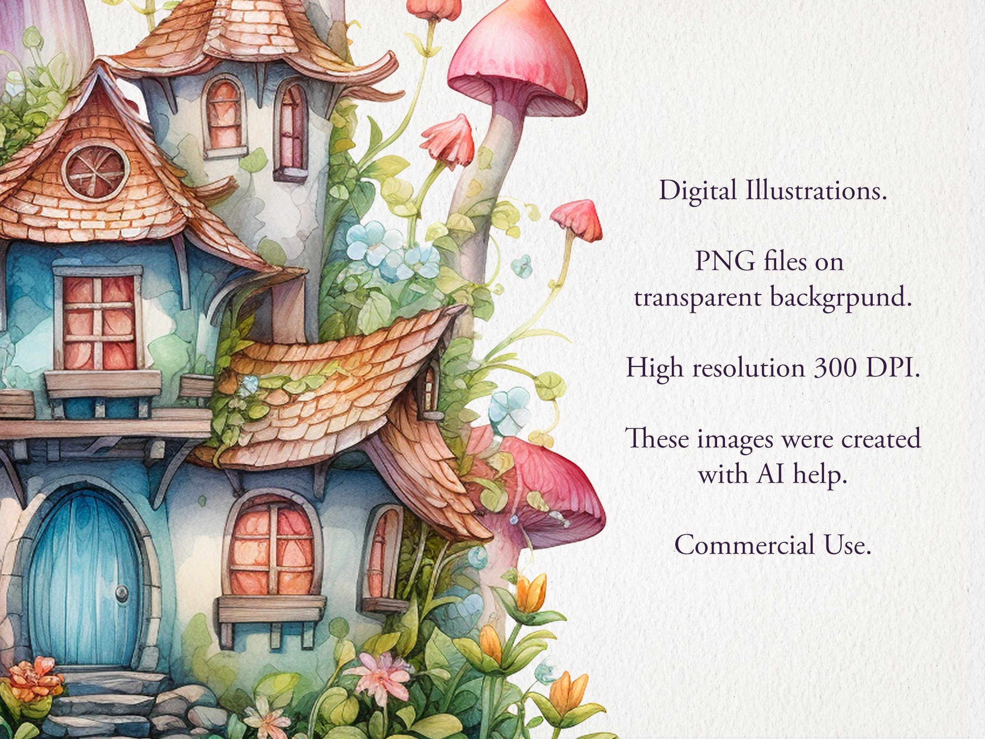 Fairy Houses Watercolor Clipart PNG Bundle. Pumpkin, Witch House ...