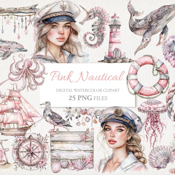 Pink Nautical Watercolor Clipart PNG Bundle. Ocean Sea Captain.  AI Illustration. Instant Download. Commercial Use. Junk Journal. 25 PACK