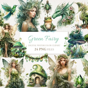 Groene Fairy Magic Garden aquarel clipart PNG bundel. AI-illustratie. Directe download. Commercieel gebruik. Plakboek Junk Journal. 24 PAK