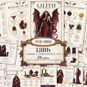 May include: A collection of 24 digital grimoire pages titled Mythic Grimoire Lilith Grimoire & Correspondence Pages. The pages feature illustrations of a winged figure with long dark hair in a red dress, alongside text, symbols, and ritual guides.