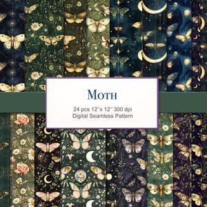 May include: A set of 24 digital seamless patterns featuring moths, flowers, and celestial elements. The patterns are in shades of green, blue, and purple with gold accents. The patterns are 12 inches by 12 inches and 300 dpi.