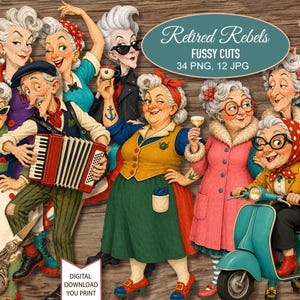 Puede incluir: Una colección de ilustraciones digitales titulada Retired Rebels Fussy Cuts que muestra a varios personajes mayores con ropa colorida, incluyendo una persona tocando el acordeón, otra en un scooter azul verdoso y el texto Retired Rebels FUSSY CUTS 34 PNG 12 JPG.