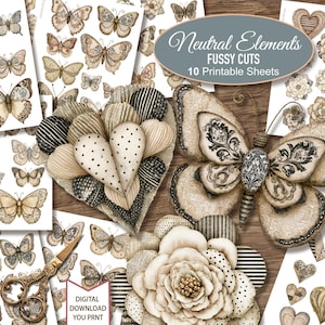 Puede incluir: Una colección de hojas imprimibles con mariposas, flores y corazones en tonos neutros. Las hojas incluyen el texto Neutral Elements FUSSY CUTS 10 Printable Sheets y DIGITAL DOWNLOAD YOU PRNT, junto con un par de tijeras de metal ornamentadas.