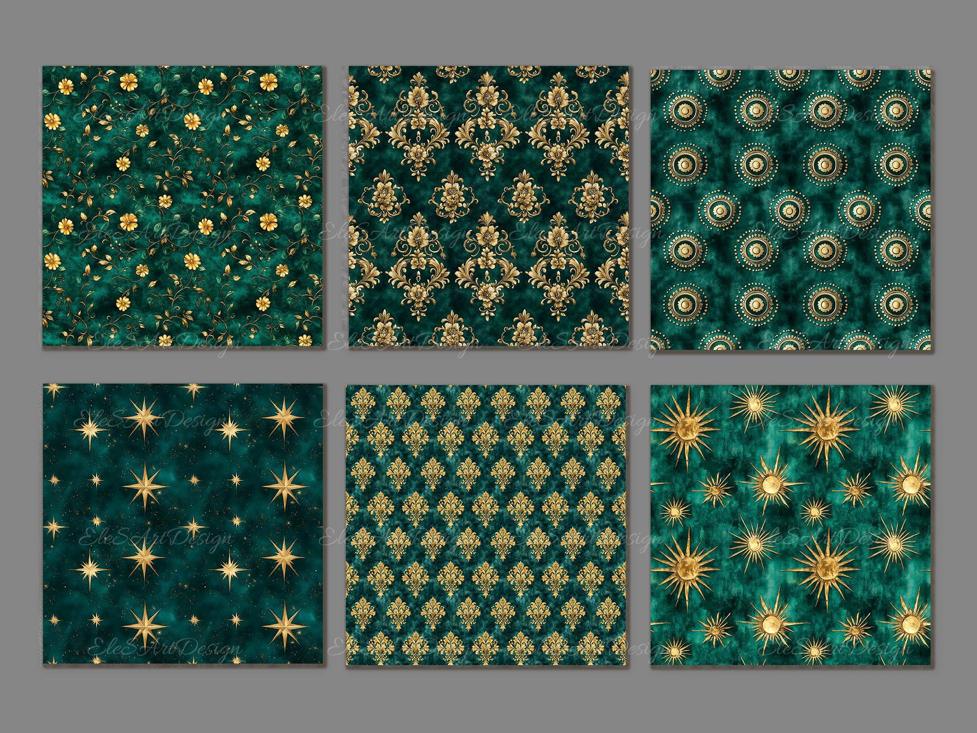 Green Golden Seamless Pattern Paper Pages. Victorian Damask Floral Gold ...