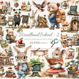 Clipart aquarelle d'école de forêt boisée. Animaux mignons. Renard, ours, lièvre. Retour à l'école. 63 PNG